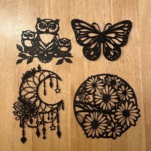 Black Wall Decor Set - Owl, Butterfly, Moon, and Floral Designs. Bundle of 4.